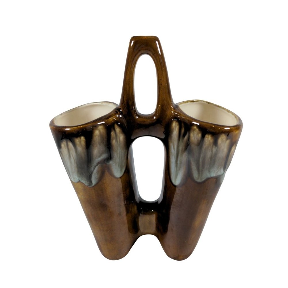 Vintage Mid Century Style Double Vase with Handle Brown Drip Glaze Signed Sue P